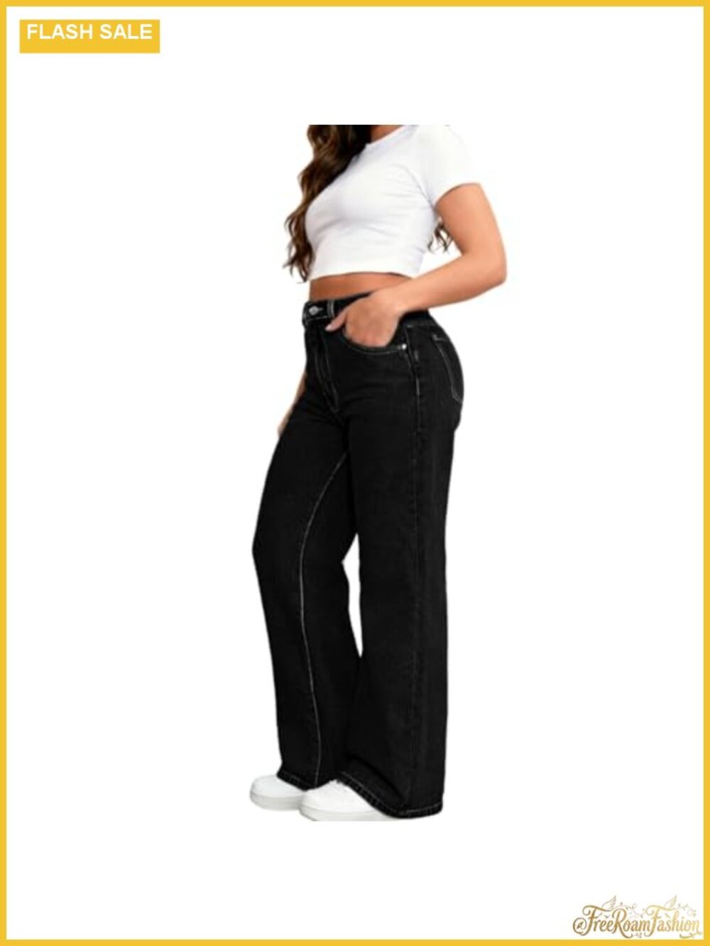 Women's Plus Size High Waist Wide Leg Stretch Jeans Straight Leg Denim Pants - Picture 4 of 5